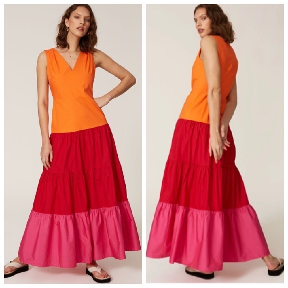 Milly Nicola Maxi Dress Women's 4 Pink Orange Tiered Cotton V Neck Sleeveless